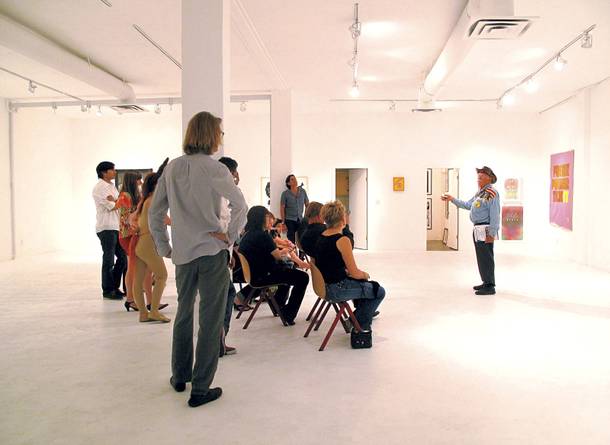 The art of campaigning: Lonnie Hammargren holds court at VAST Space Projects.