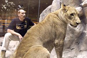 Lion owner Keith Evans poses with one of his cats at the MGM Grand lion habitat in 1999.
