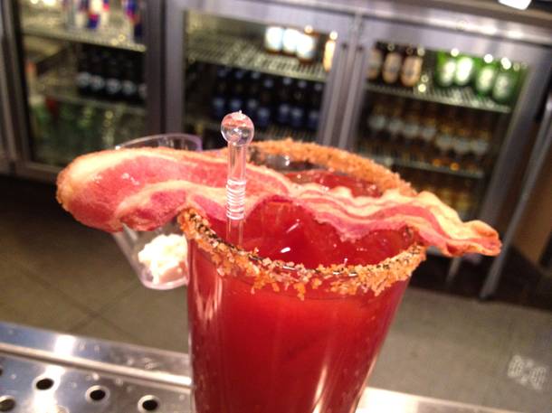 Bakon vodka and regular bacon contribute to the bloody goodness of the Bloody Good Mary.
