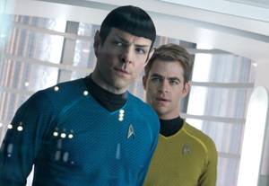 Spock and Kirk puzzle over lens flare in <em>Star Trek Into Darkness</em>.