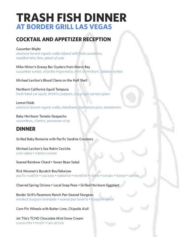 The menu for Border Grill's Trash Fish Dinner.