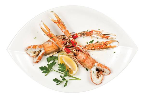 Milos' langoustines are sourced from Scotland and made with hand-shoveled salt from Kythira island in Greece as well as organic lemons and parsley from California.