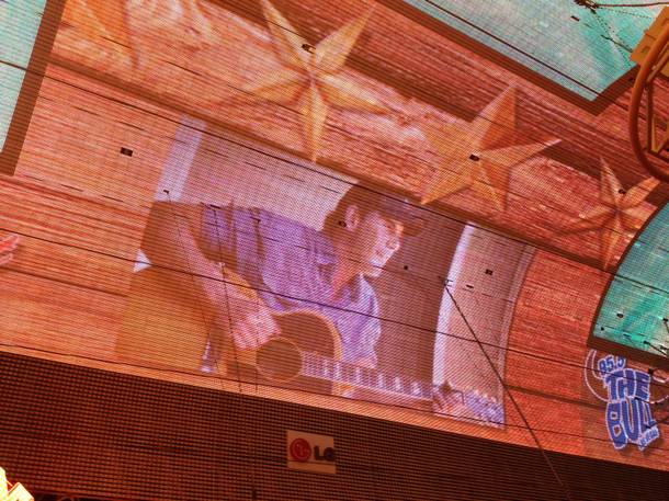 Projected on the Fremont canopy, Rodney Atkins was also live onstage during the Downtown Hoedown. It was cold as hell, but the bands played on. 