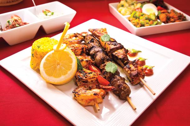 Grilled meat brochettes, spreads and the Moroccan Salad make an ideal meal at Argana.