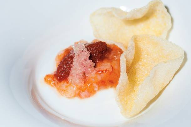 Sweet shrimp tartare with tomato sorbet and celeriac purée, an unusual and transcendent dish at Japanese Cuisine by Omae.