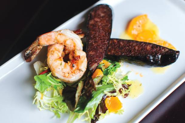 Boudin Noir with grilled prawns.