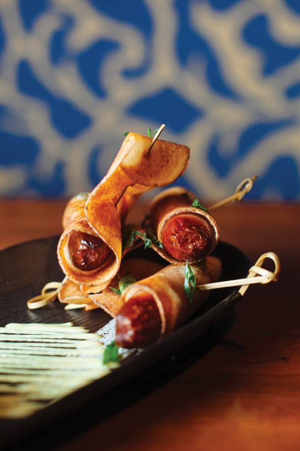 Lucky Foo’s potato chip-wrapped sausages are a memorable snack.