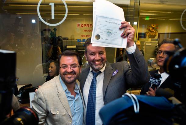 Antioco Carrillo and Theo Small, who obtained the first same-gender marriage license in Clark County, will be one of the couples participating in the Center's Marriage Equality Retrospective.