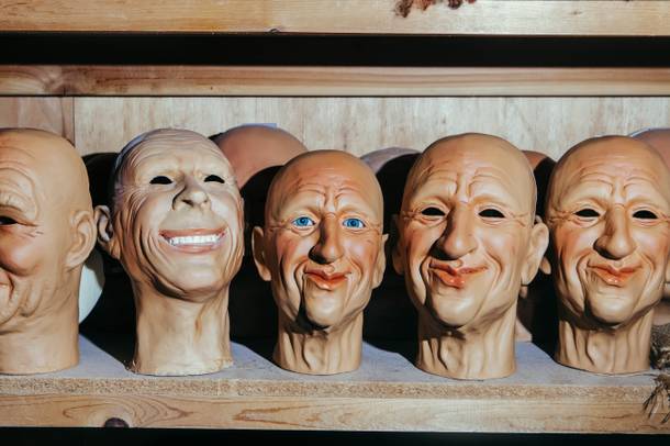 Faces with moving mouths made of rigid latex sit on the production shelf waiting to be used for future animated characters at Characters Unlimited in Boulder City,NV on July 8, 2016.