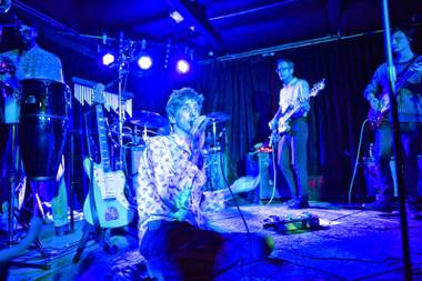 Bradford Cox (center) and his Deerhunter mates, onstage at the Bunkhouse Sunday night.