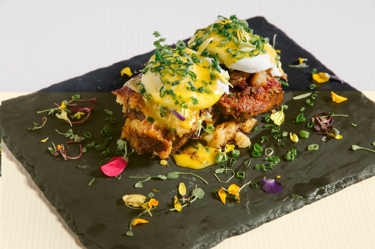 Corned beef bread pudding Benedict? Yes, please.  