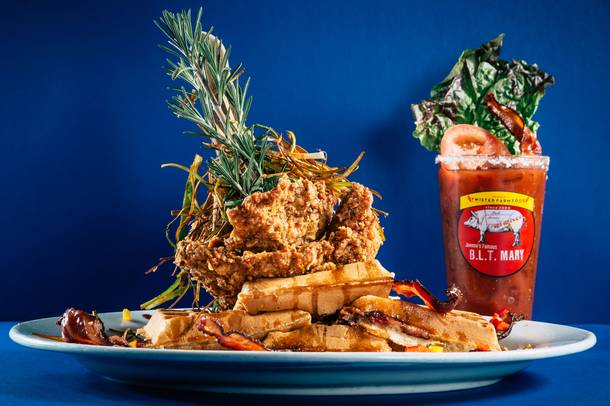 Chicken and waffles and a Bloody Mary at Hash House A Go Go.