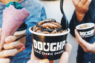 Bay Area import Doughp is a self-described “millennial-brand on a mission.” Everything about the Las Vegas location is tailored to the Instagram era. An enormous mixer stands in the window, whipping up 50-pound batches of dough daily in full view of phone cameras.