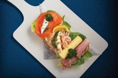 The Smorgasbord combines the spot’s three main proteins—Arctic shrimp with mayonnaise; smoked salmon and boiled eggs; and Fra’ Mani rosemary ham with Jarlsberg cheese—into one giant, open-faced sandwich.