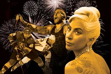 (From left) VGK’s William Carrier, Maroon 5’s Adam Levine and Lady Gaga