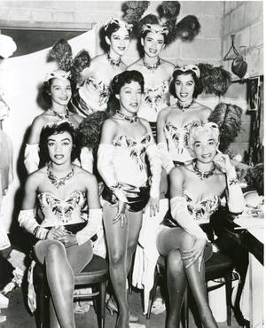 Showgirls at the Moulin Rouge in May 1955: (clockwise from lower left) Barbara McCory, Jane Craddock, Norma Talbert, Lorraine Riley, Anna Bailey, Dee Dee Jasmin and (center) Norma Washington <em>(Nevada State Museum Las Vegas/Courtesy)</em>