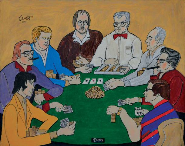 Rod Pardey, fourth from left, with other poker greats, as portrayed in a painting by Steve Venet