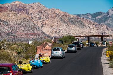Visitors line up up at the entrance to Red Rock Canyon on July 6, 2019.