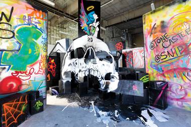 Curated by Laura Henkel, “Ascension” marks a collaboration between two native Las Vegas artists: pop art muralist Derek Douglas (aka SNIPT) and multimedia artist Anthony Castillo (aka ToneCastle).