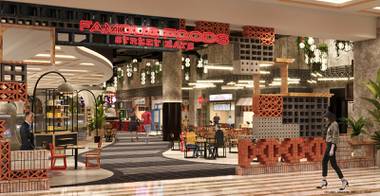 A rendering of the entry area at Famous Food Street Eats at Resorts World Las Vegas.