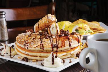 Go way over the top with bananas foster, red velvet or cannoli pancakes.