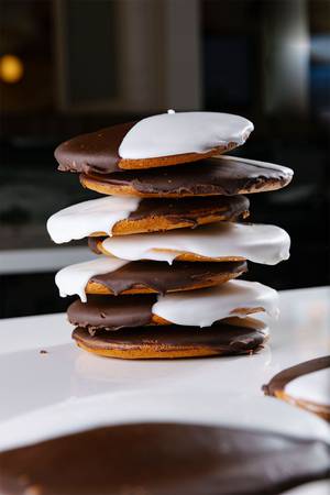 A black and white cookie stack at Siegel’s Bagelmania