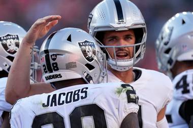 Las Vegas running back Josh Jacobs (28) celebrates his touchdown with quarterback Derek Carr October 17 in&nbsp;Denver. 