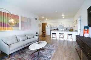 A living room inside a two-bedroom model at Showboat Park Apartments
