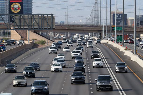 Traffic heads southbound on I-15 near Sunset Road.