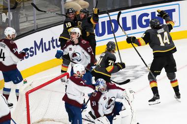 The Golden Knights celebrate a goal against Colorado in Game 3 of the teams’ Stanley Cup playoff series.