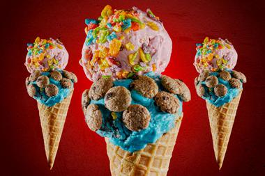 Scoops of Cookie Monster and Strawberry Cookie Crunch with Cookie Crisp and Fruity Pebbles toppings at Afters