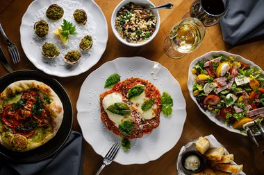 Rosa Ristorante’s mushroom & barley ragu, pesto & tomato pizza, antipasto salad, chicken Parmesan and clams oreganata