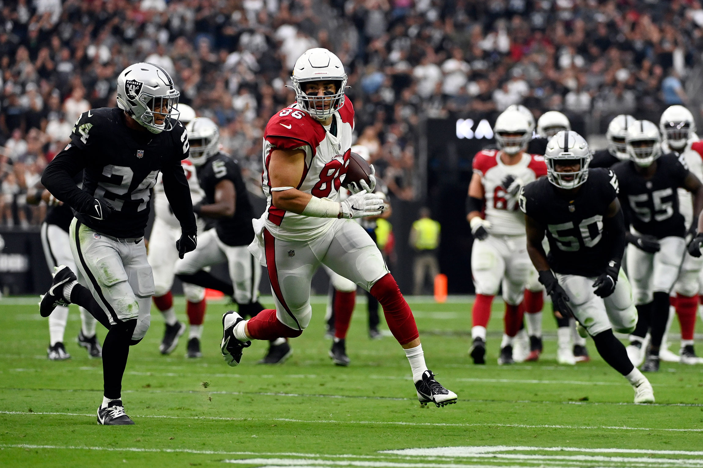 Las Vegas Raiders cornerback Anthony Averett (29) watches action