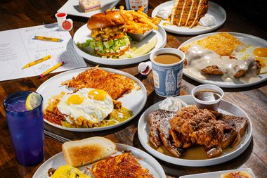 The loaded menu features everything from a classic stack of pancakes to vegan breakfast sandwiches made with plant-based chicken or steak.