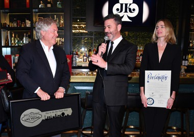 Jimmy Kimmel (center) jokes with Clark County Commissioner Tick Segerblom (left) as Kimmel’s wife Molly McNearney looks on at Kimmel’s comedy club at the Linq Promenade on November 11.