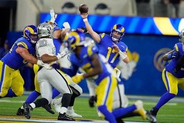 Rams quarterback Baker Mayfield throws a pass during a 17-16 win against the Raiders December 8 at SoFi&nbsp;Stadium.