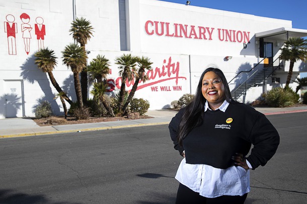 Bethany Khan, director of communications and digital strategy for Culinary Union Local 226, poses outside the union headquarters Wednesday, Jan. 18, 2023.