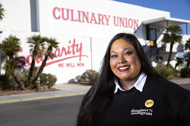 Bethany Khan, director of communications and digital strategy for Culinary Union Local 226, poses outside the union headquarters Wednesday, Jan. 18, 2023.