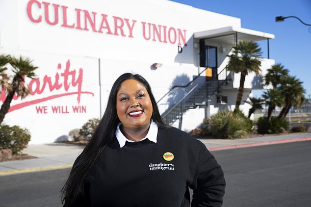 Bethany Khan, director of communications and digital strategy for Culinary Union Local 226, poses outside the union headquarters Wednesday, Jan. 18, 2023.