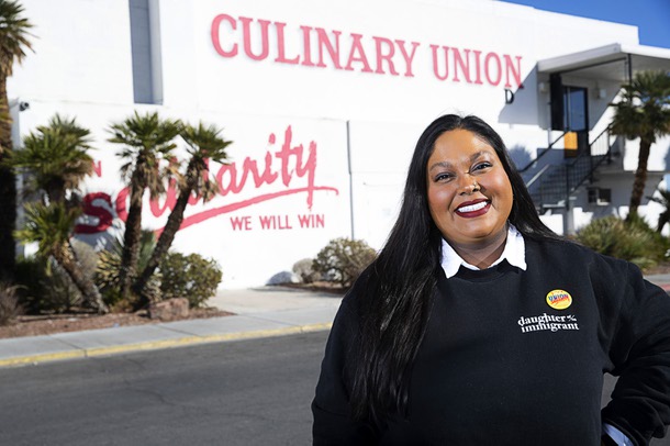 Bethany Khan, director of communications and digital strategy for Culinary Union Local 226, poses outside the union headquarters Wednesday, Jan. 18, 2023.