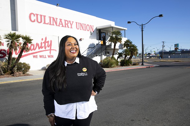 Bethany Khan, director of communications and digital strategy for Culinary Union Local 226, poses outside the union headquarters Wednesday, Jan. 18, 2023.
