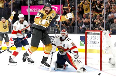 Golden Knights captain Mark Stone celebrates a goal by Jonathan Marchessault during Game 2 of the Stanley Cup Final at T-Mobile Arena on June&nbsp;5. 