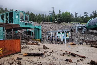 Rocks and debris collected at the base of a chairlift at Lee Canyon after Tropical Storm Hilary hit the area on August 21.
