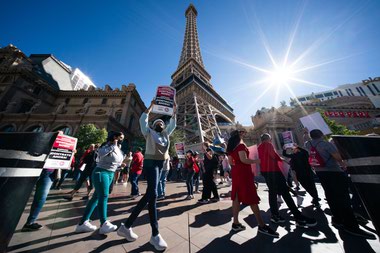 Culinary Union members picket outside of Paris Las Vegas and other Strip resort properties on October 12. 