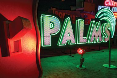 The San Manuel Band of Mission Indians funded the restoration of this 2001 Palms neon sign.