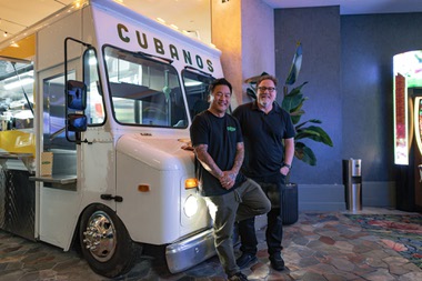 Roy Choi (left) and Jon Favreau at Park MGM’s new Chef Truck.