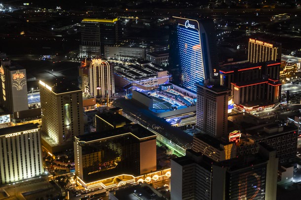 Downtown Las Vegas is shown in a view from a Maverick helicopter Friday, Feb. 9, 2024.