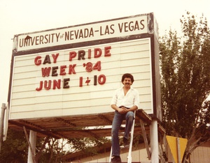 Will Collins, president of the Gay Academic Union at UNLV and Pride founder, preparing for Gay Pride 1984—the first outdoor Pride celebration. 