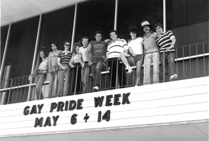 The Gay Academic Union (GAU), founded at UNLV in 1982, together with Nevadans for Human Rights and the Metropolitan Community Church, sponsored Las Vegas’ first Gay Pride celebration, noted then as the Human Rights Seminar, in May 1983. GAU members, left to right: Christie Young, David Adams, Dennis McBride, unidentified, Rick May, unidentified, Mike Loewy, Julian Martin-Perez, Will Collins, unidentified.