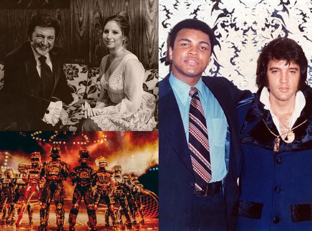 (Clockwise from top left) Liberace and Barbra Streisand, Muhammad Ali and Elvis Presley, Starlight Express